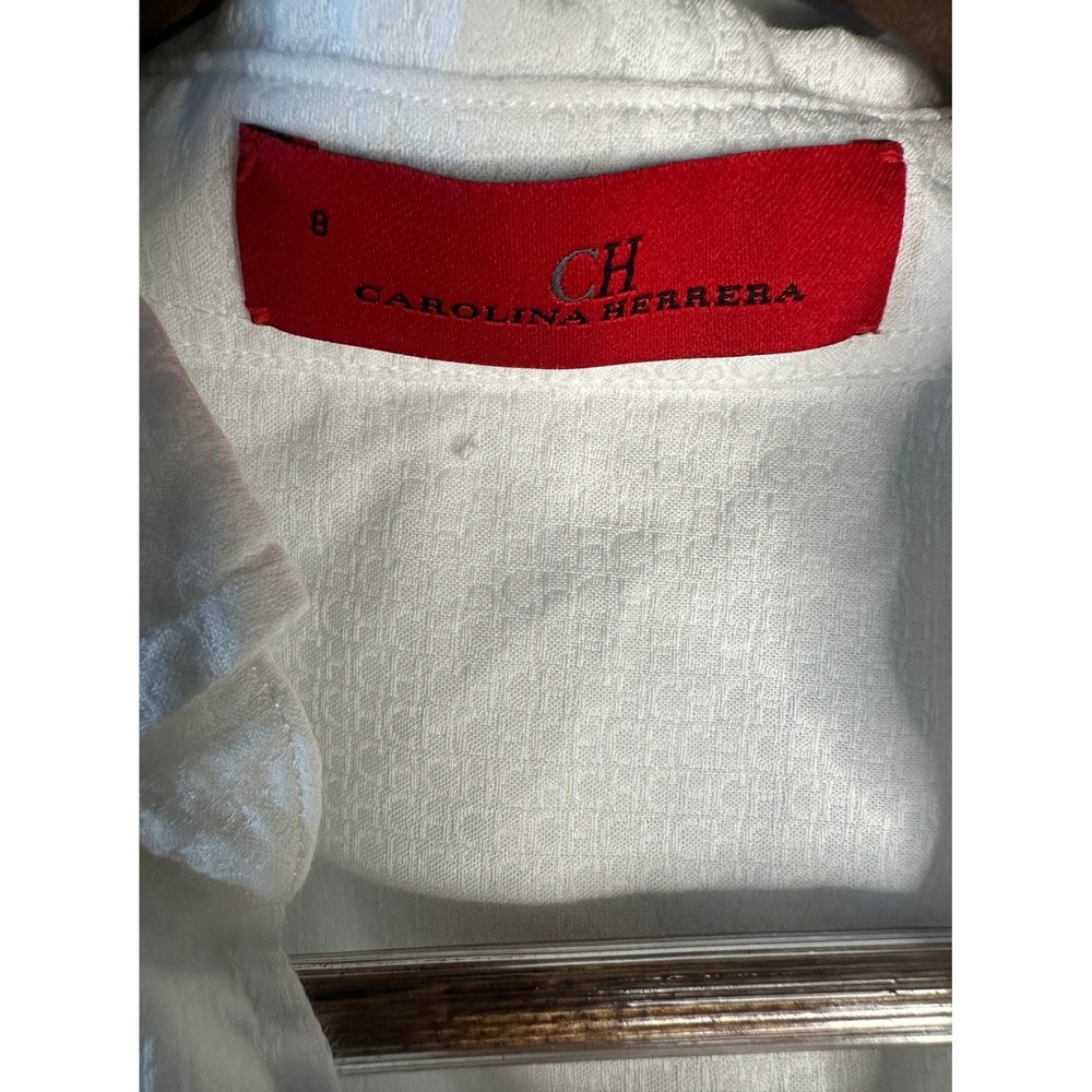 Carolina Herrera White Button Down Shirt Jacquard Logo Pattern Sz 8 Quiet Luxury - Picture 4 of 13